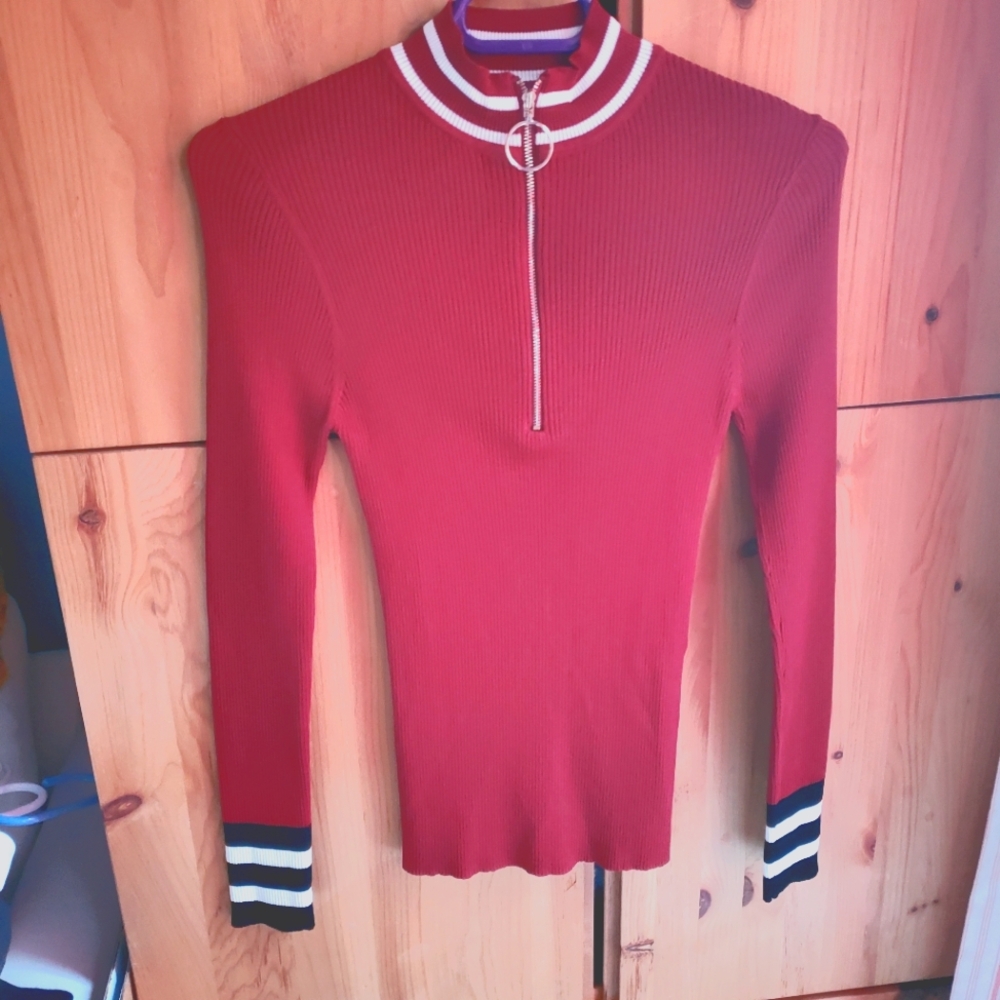 Maje Women's Cranberry Ribbed Knit 1/4 Zip Top Size Small